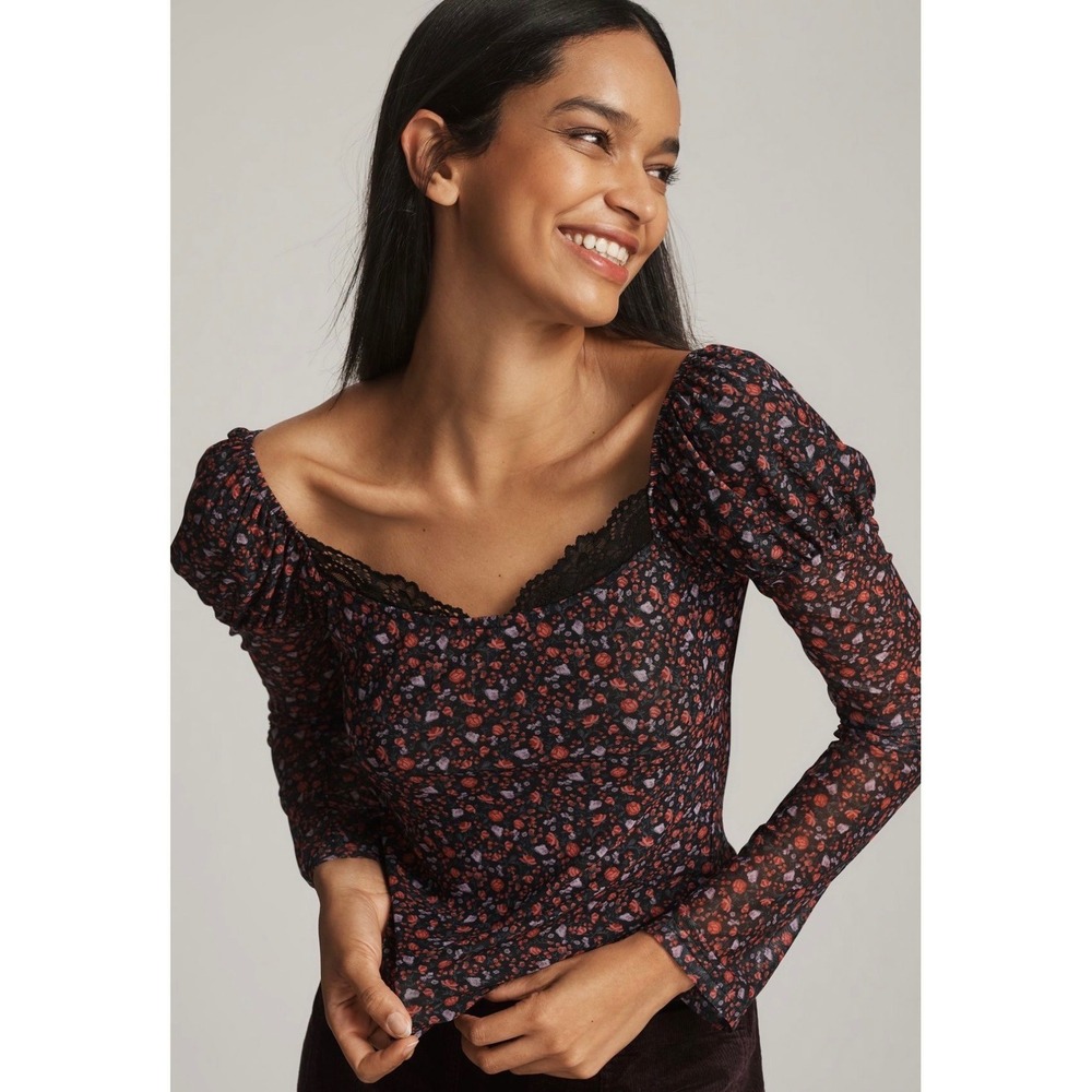 ANTHROPOLOGIE | Maeve Mutton Sleeve Top Women S Black Floral Mesh Scoop Neck $78